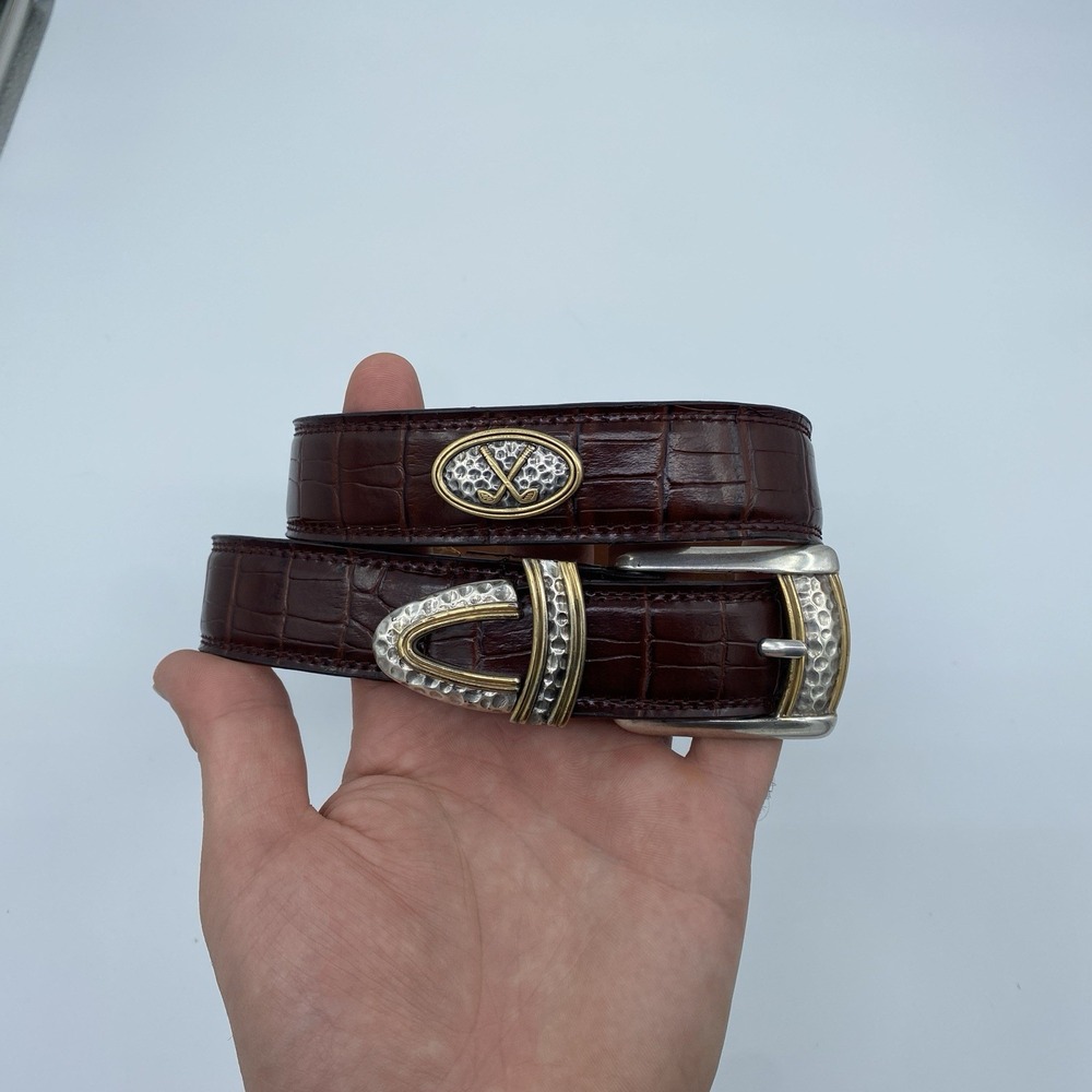 Brighton Belt Womens 30 Brown Croc Embossed Leather Silver Gold Hardware Vintage